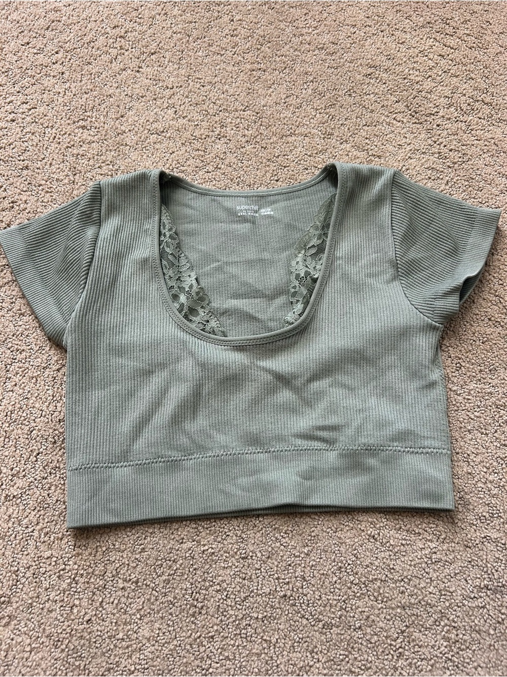 aerie Sage Green Ribbed Scoop Lace-Trim Crop Top